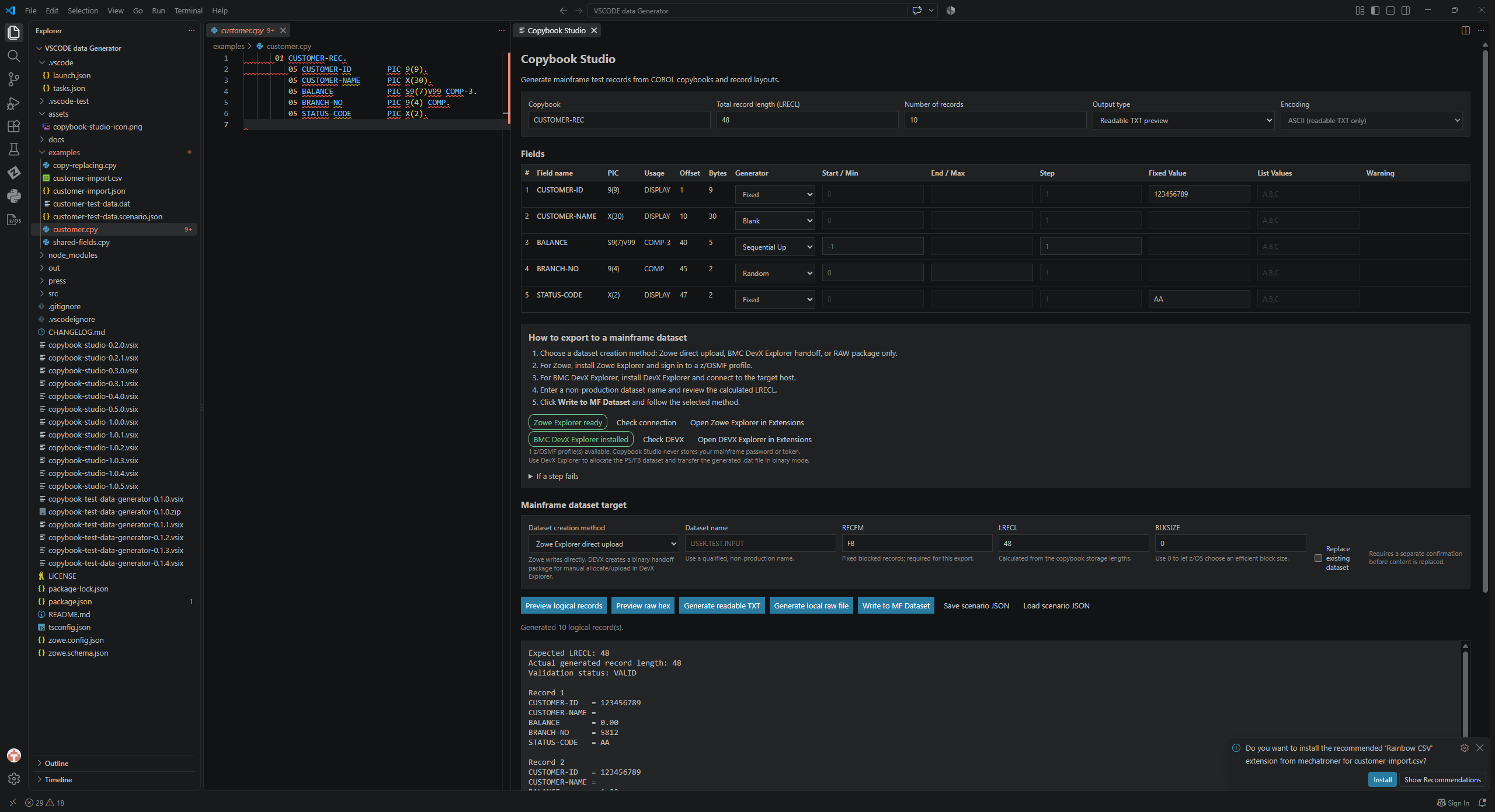Copybook Studio inside VS Code with a COBOL layout, field generators and mainframe dataset controls