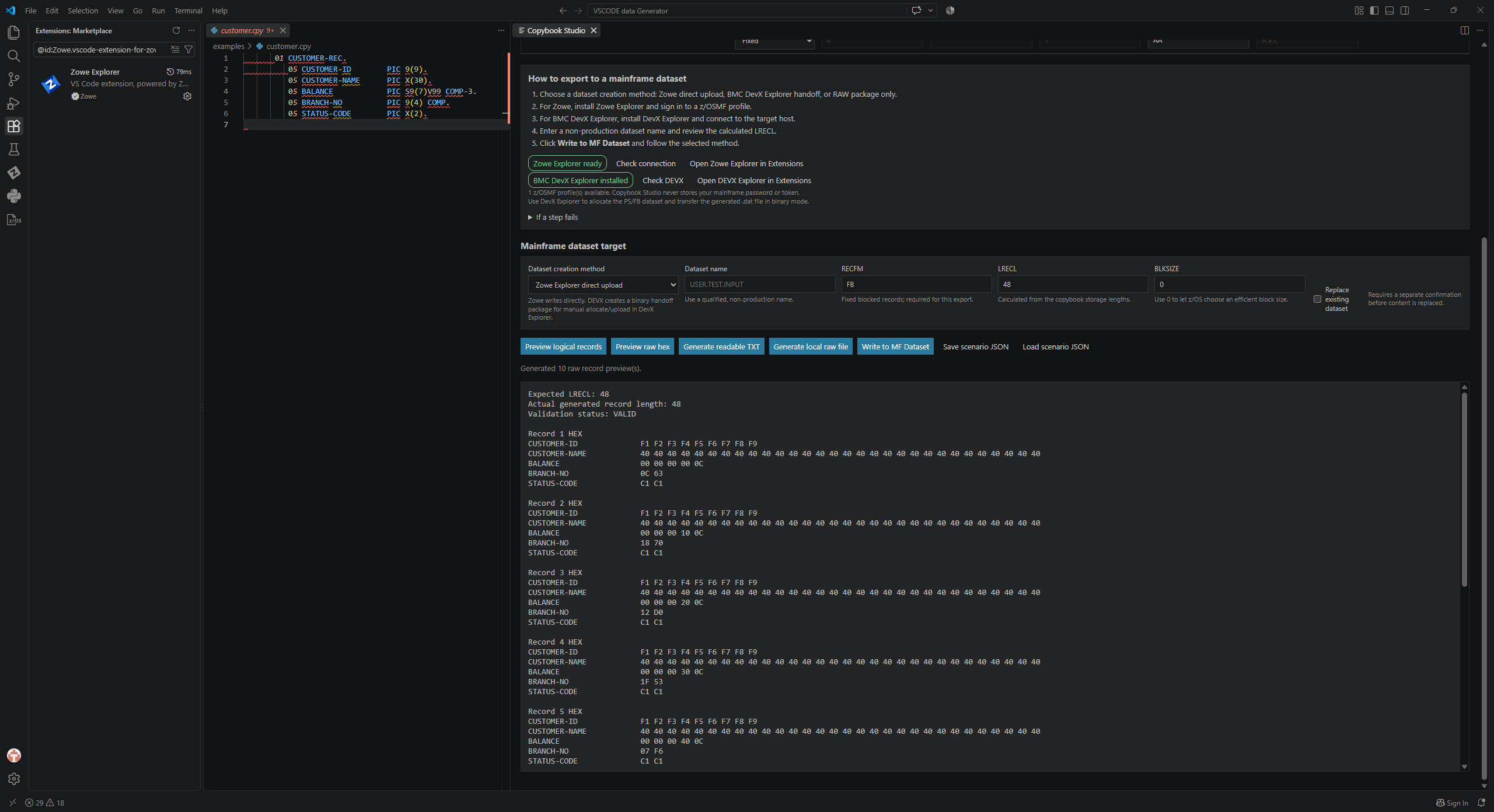 Copybook Studio RAW hex preview with validated record lengths and field bytes