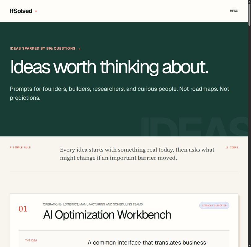 IfSolved ideas page introducing prompts for builders and an AI Optimization Workbench idea