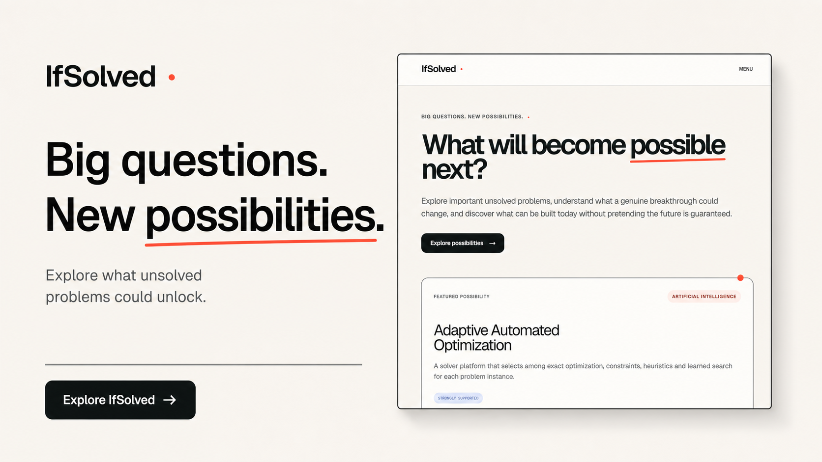 IfSolved promotional composition introducing big questions and new possibilities with a preview of the discovery website