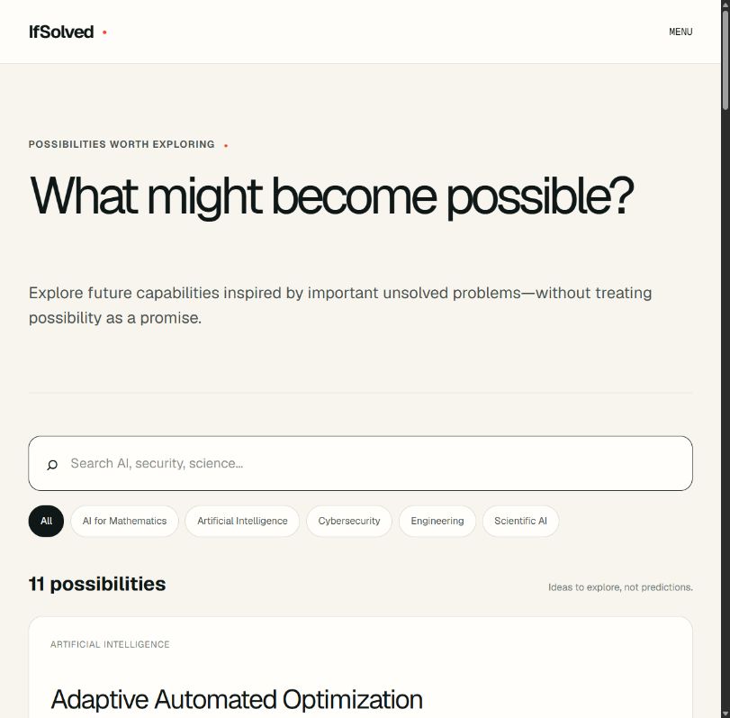 IfSolved possibilities page with search, area filters and the editorial opportunity count