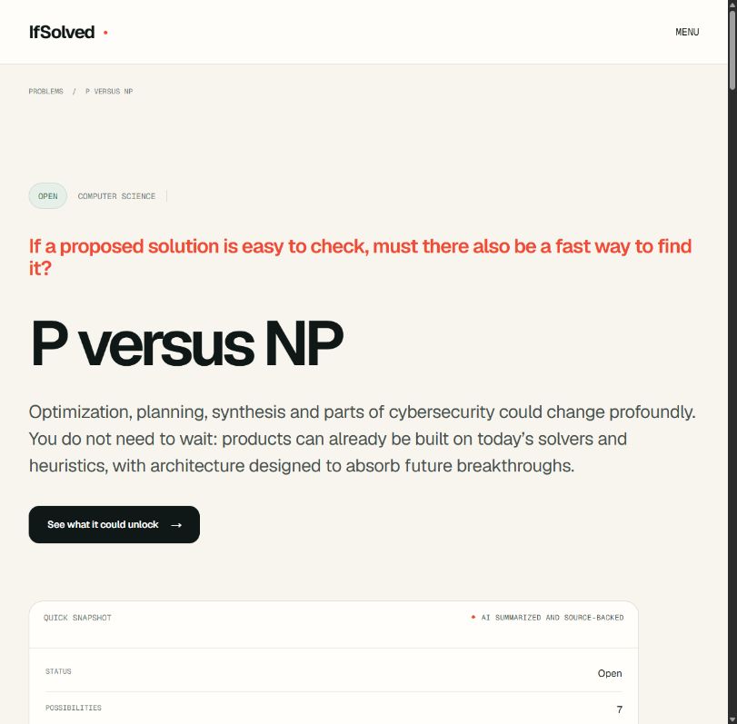 IfSolved P versus NP guide presenting its plain-language question, open status and quick snapshot