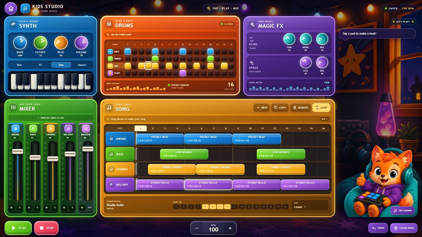 Kids Studio drum machine with an active four-voice step pattern