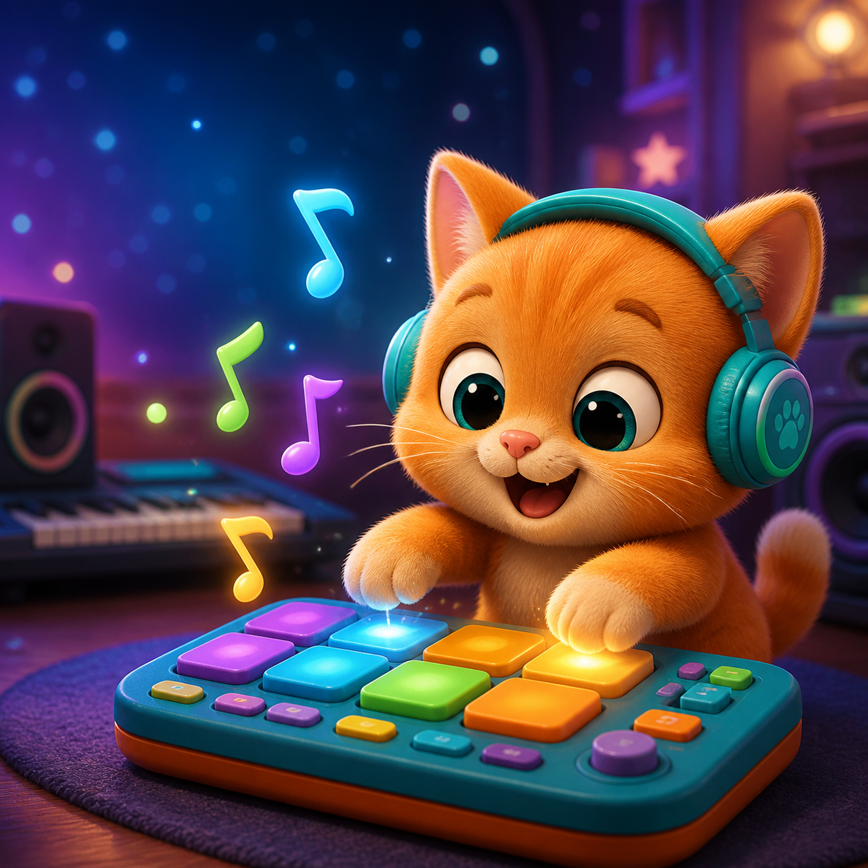 Kids Studio mascot playing a colorful beat pad