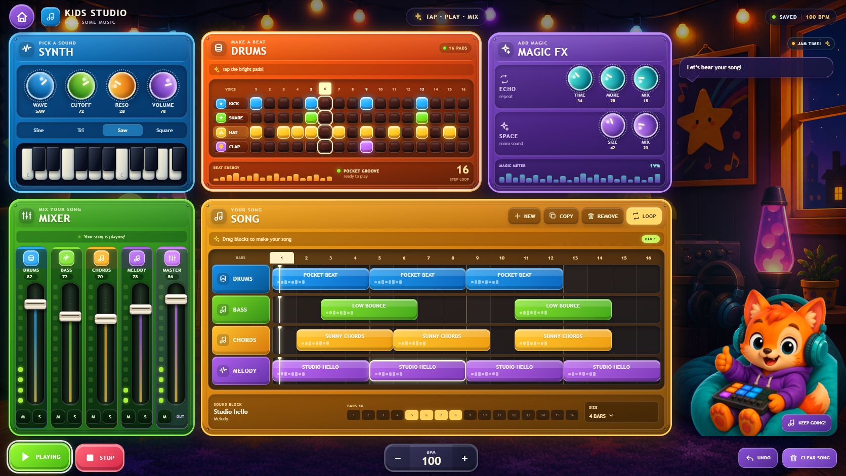 Kids Studio mixer showing live levels while the starter song plays