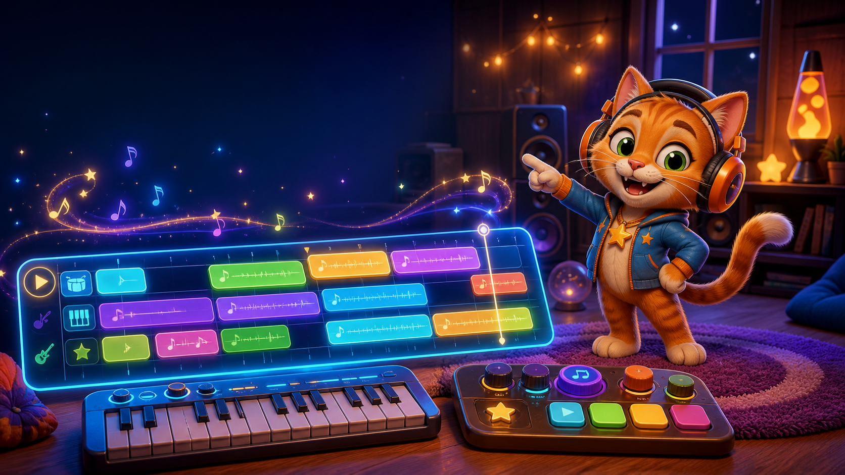 Kids Studio mascot arranging colorful musical clips into a song