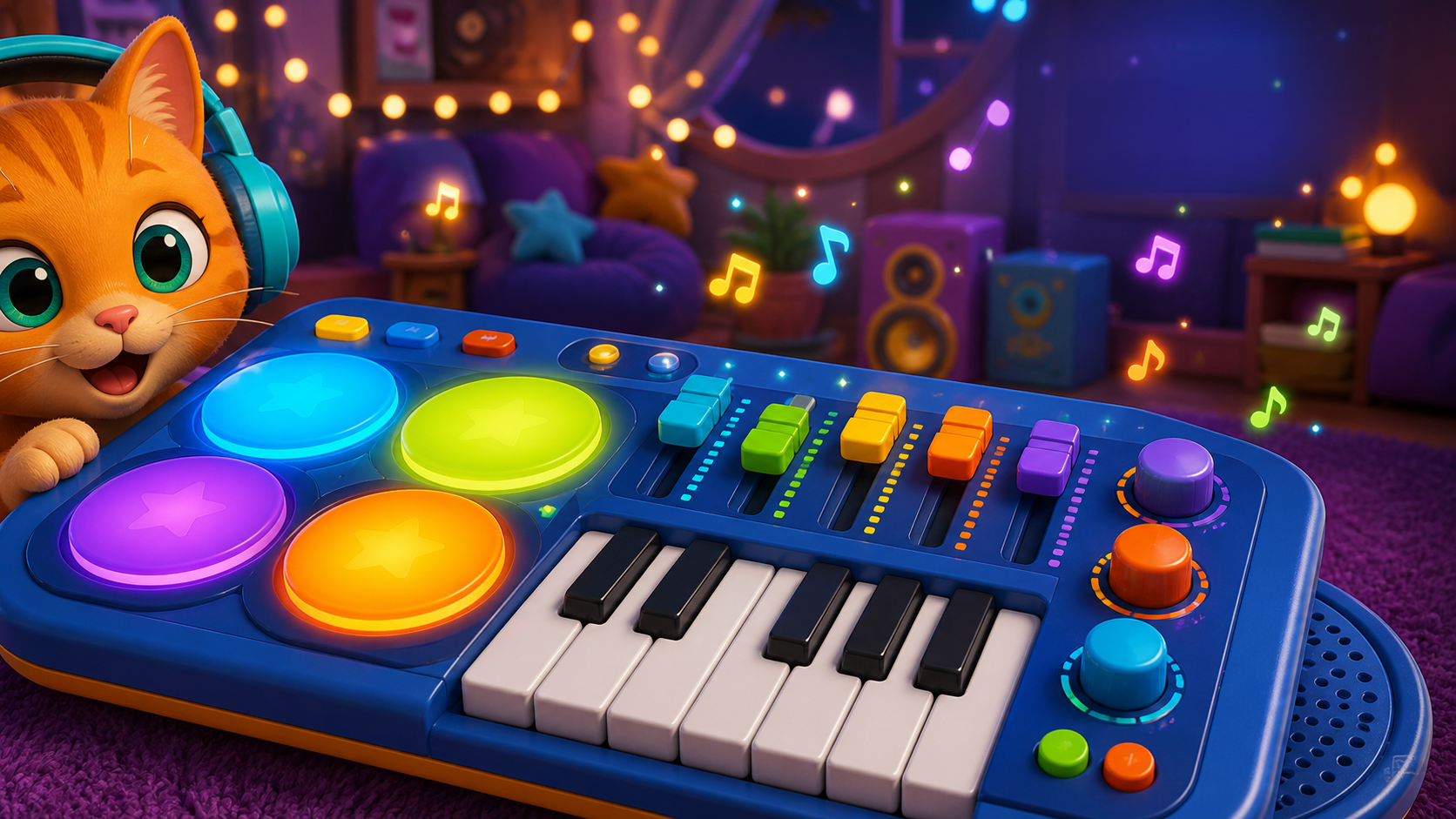Colorful Kids Studio music workstation with drum pads, keyboard and mixer controls