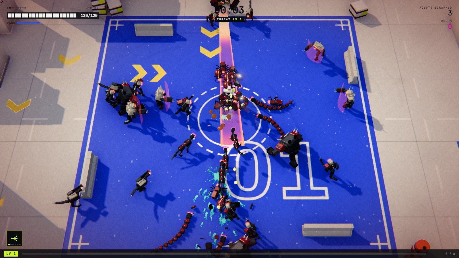 SCRAPLINE gameplay: the VECTOR runner in a painted blue arena, surrounded by a robot horde mid-explosion
