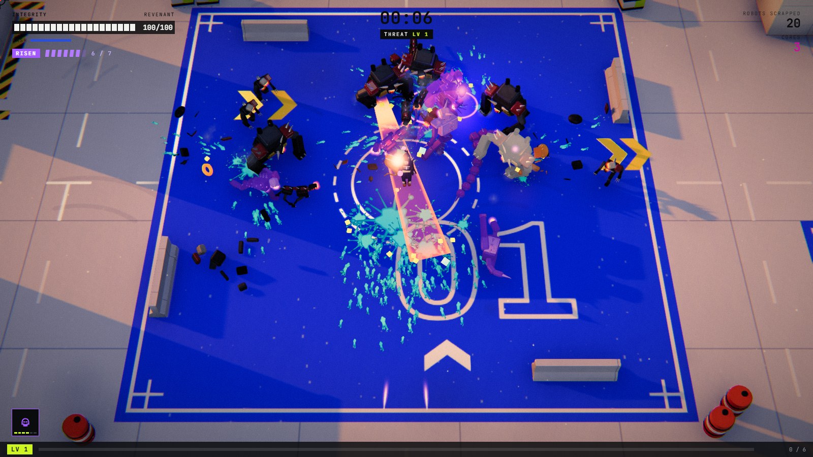 SCRAPLINE gameplay: the REVENANT necromancer surrounded by purple risen robots fighting the horde