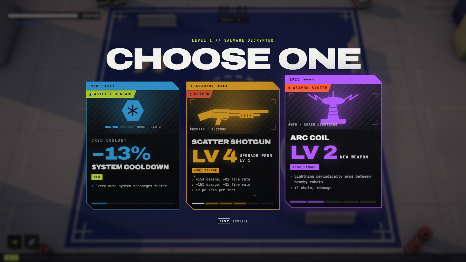 SCRAPLINE level-up screen with rare, legendary and epic upgrade cards