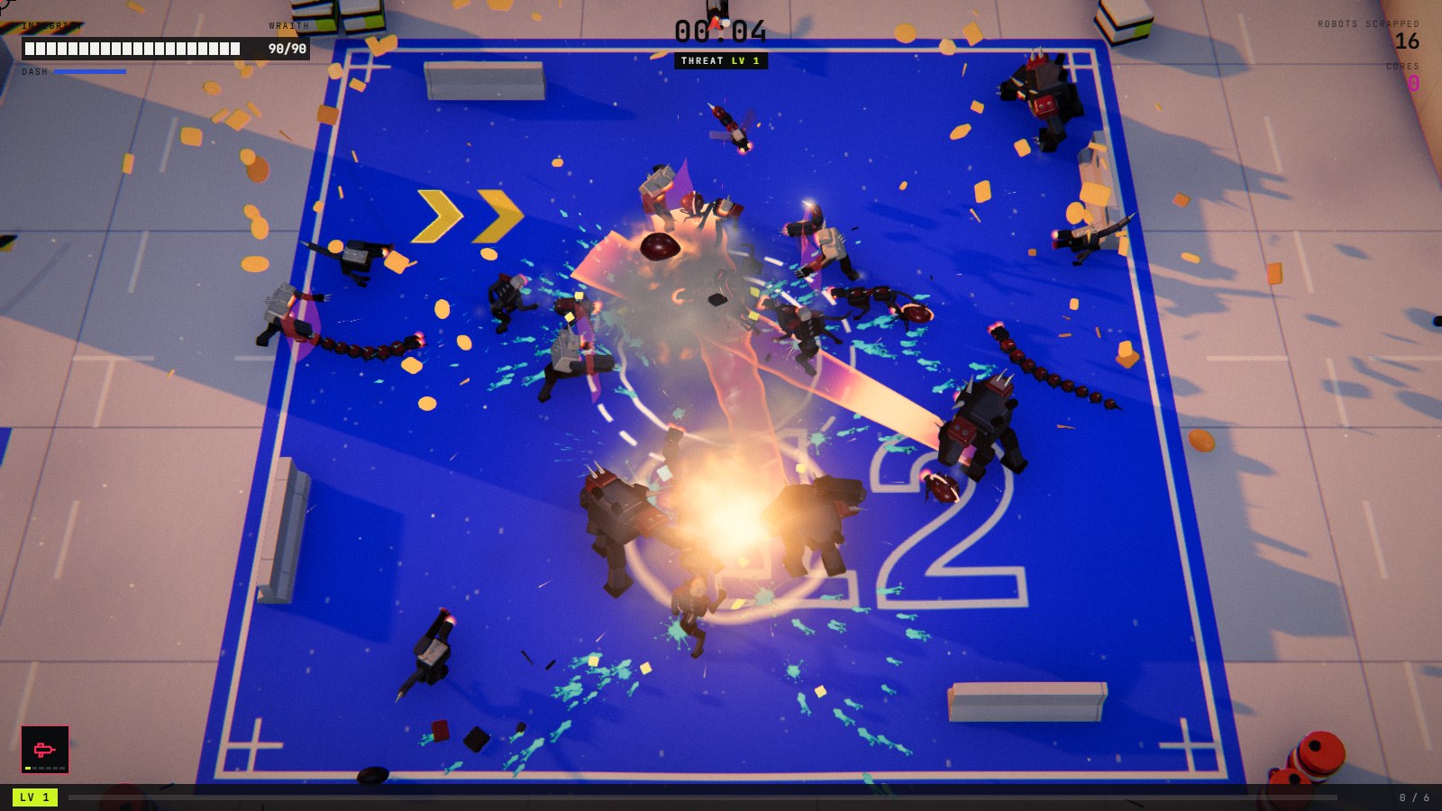 SCRAPLINE gameplay: the WRAITH runner firing rockets into a robot horde while a BULWARK charge warning crosses the floor