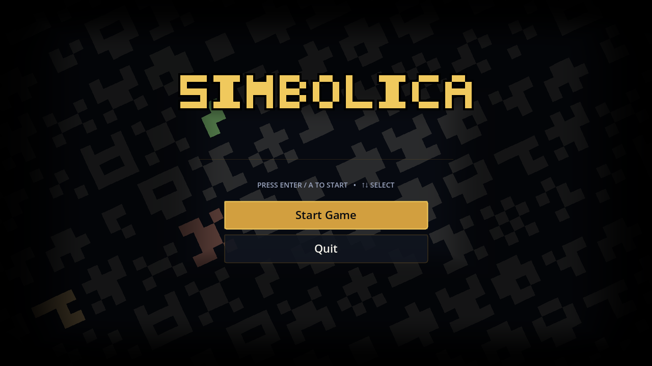 Symbolica title screen built from abstract typographic glyphs