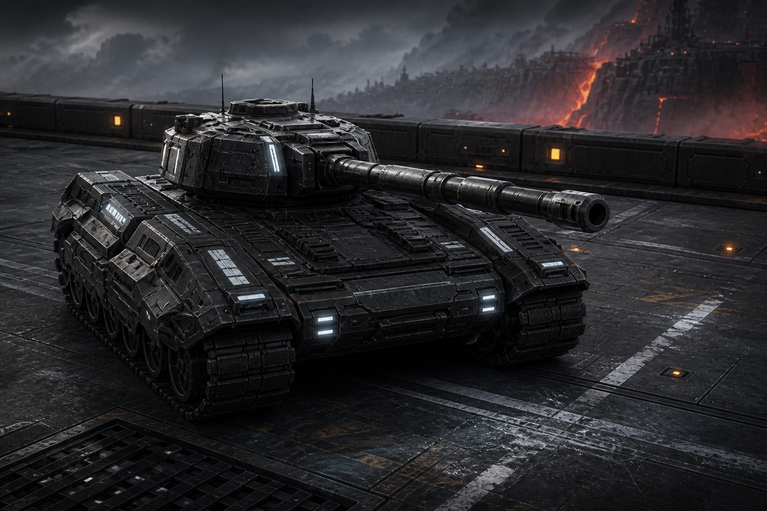 Tank Siege concept art showing the armored player tank with cold lights against volcanic industry