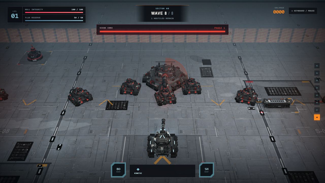 Tank Siege final sector showing the Siege Core boss, its frontal energy shield and supporting tanks