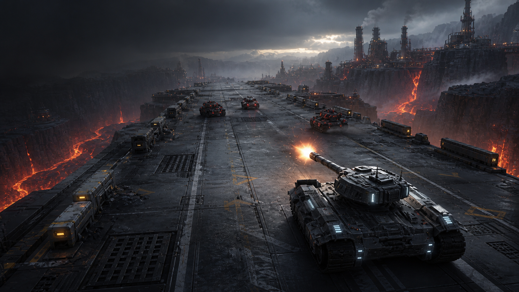 Tank Siege concept art of armored tanks advancing along an industrial bridge above lava