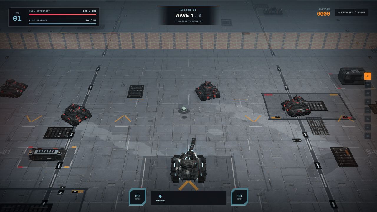 Tank Siege player tank facing scouts in the first industrial sector
