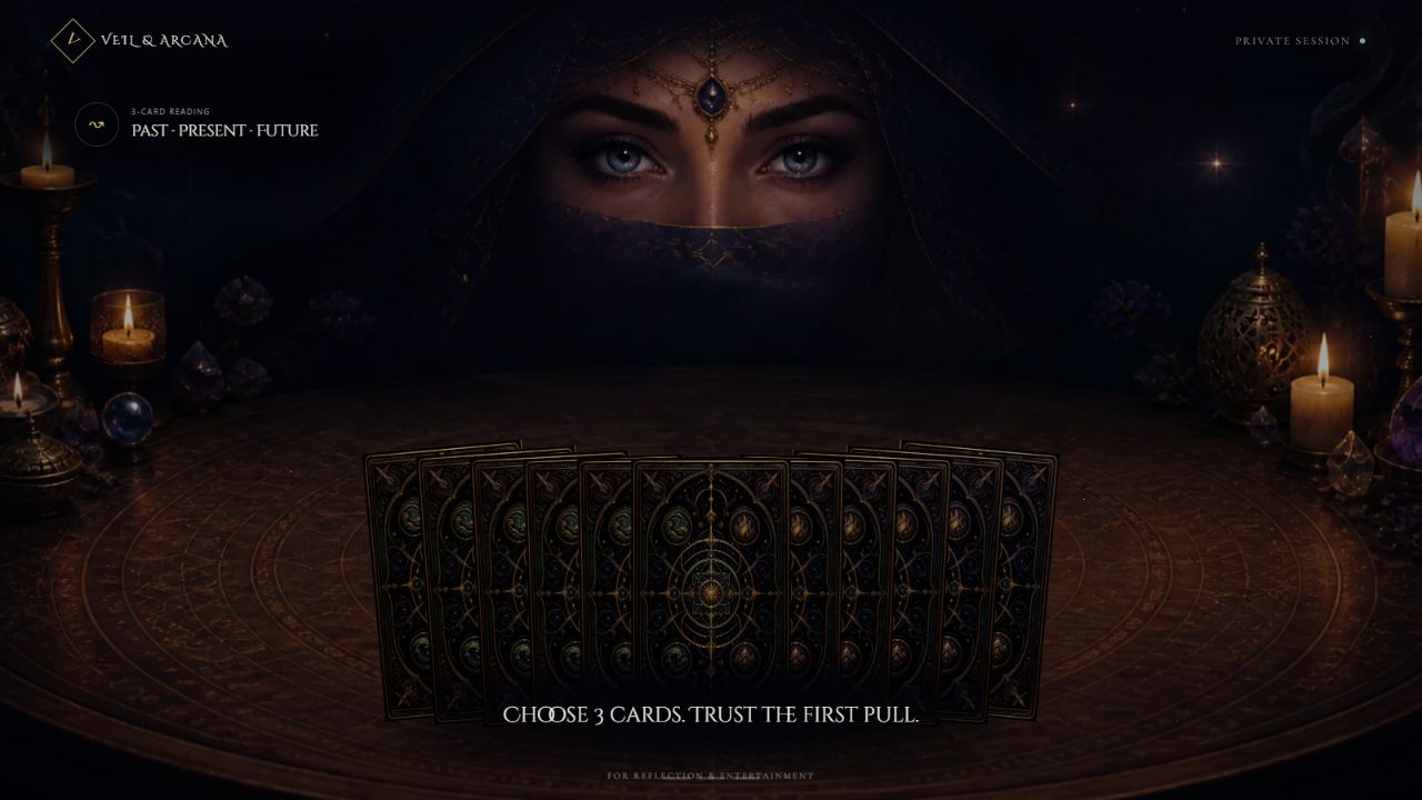 Veil and Arcana three-card selection fan on the reading table