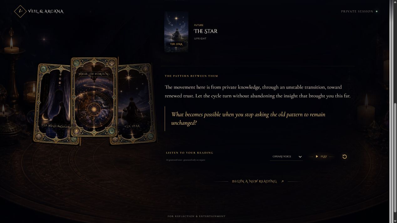 Veil and Arcana reading synthesis, reflection prompt and voice controls