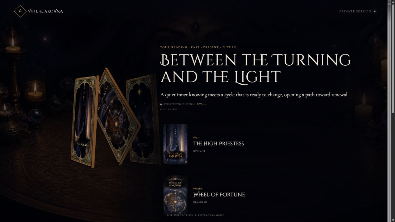 Veil and Arcana AI reading result with three revealed Major Arcana cards