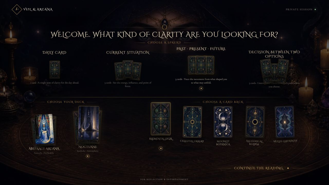 TAROT Veil and Arcana reading setup with spreads, decks and card backs