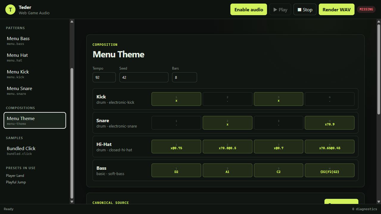 TEDER Menu Theme composition showing Kick, Snare, Hi-Hat and Bass patterns