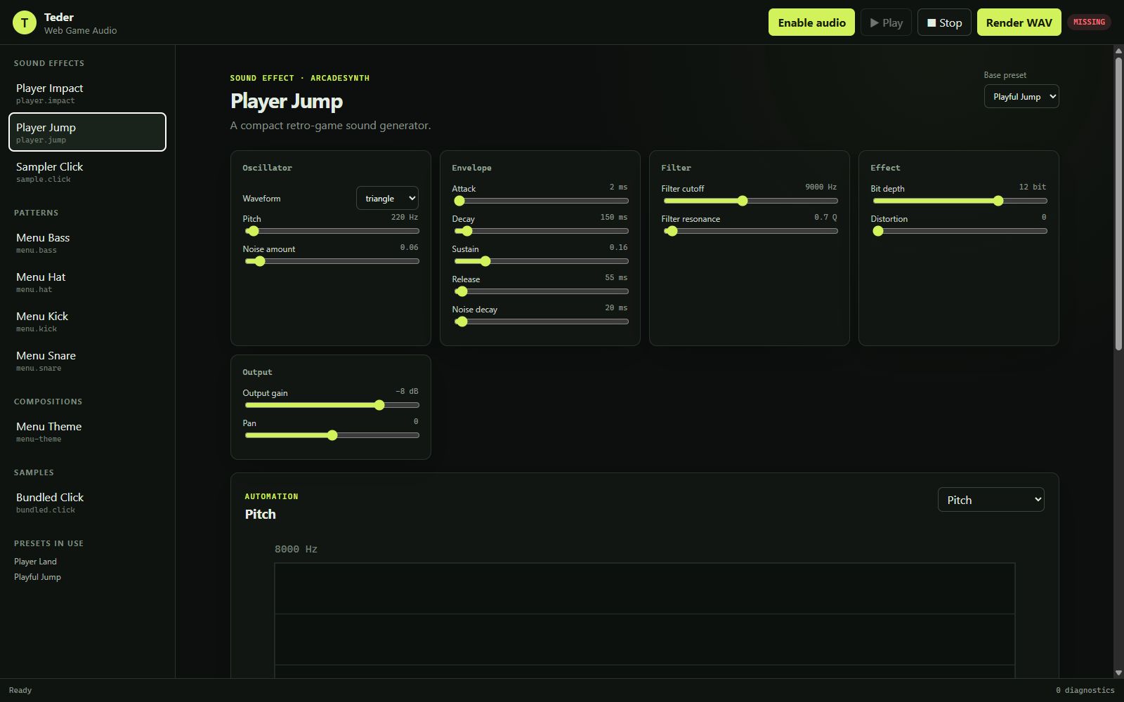 TEDER Player Jump editor showing oscillator, envelope, filter, effect, output and automation controls