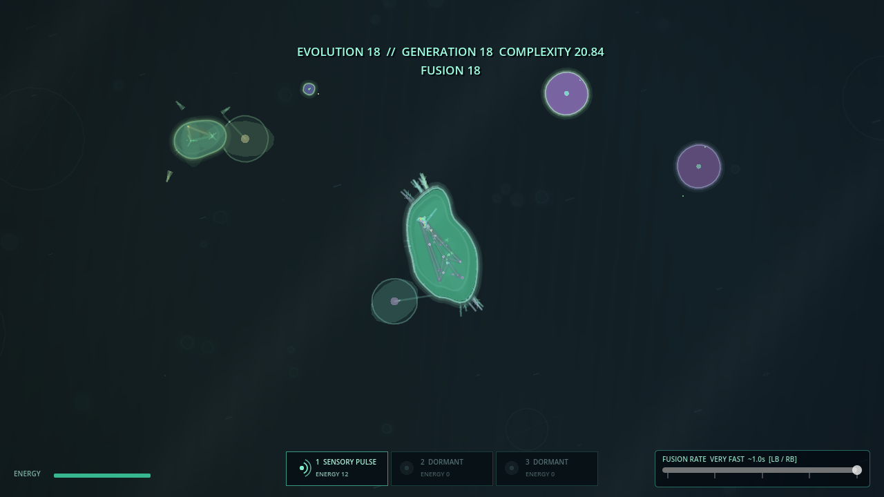 ViruS microscopic world with an evolved player organism, nearby life and the live evolution interface