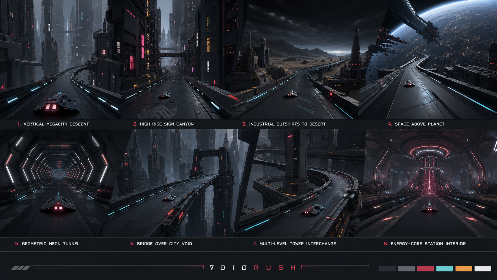 Void Rush concept art of a vertical megacity descent