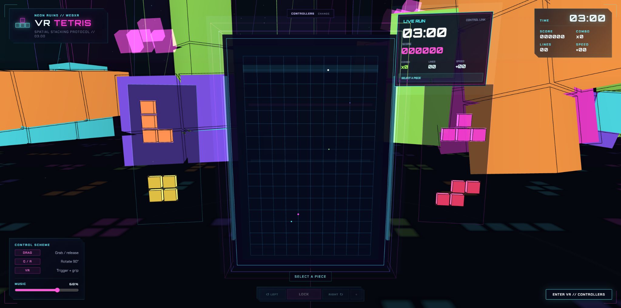 Live capture of the VR Tetris neon arena and game board