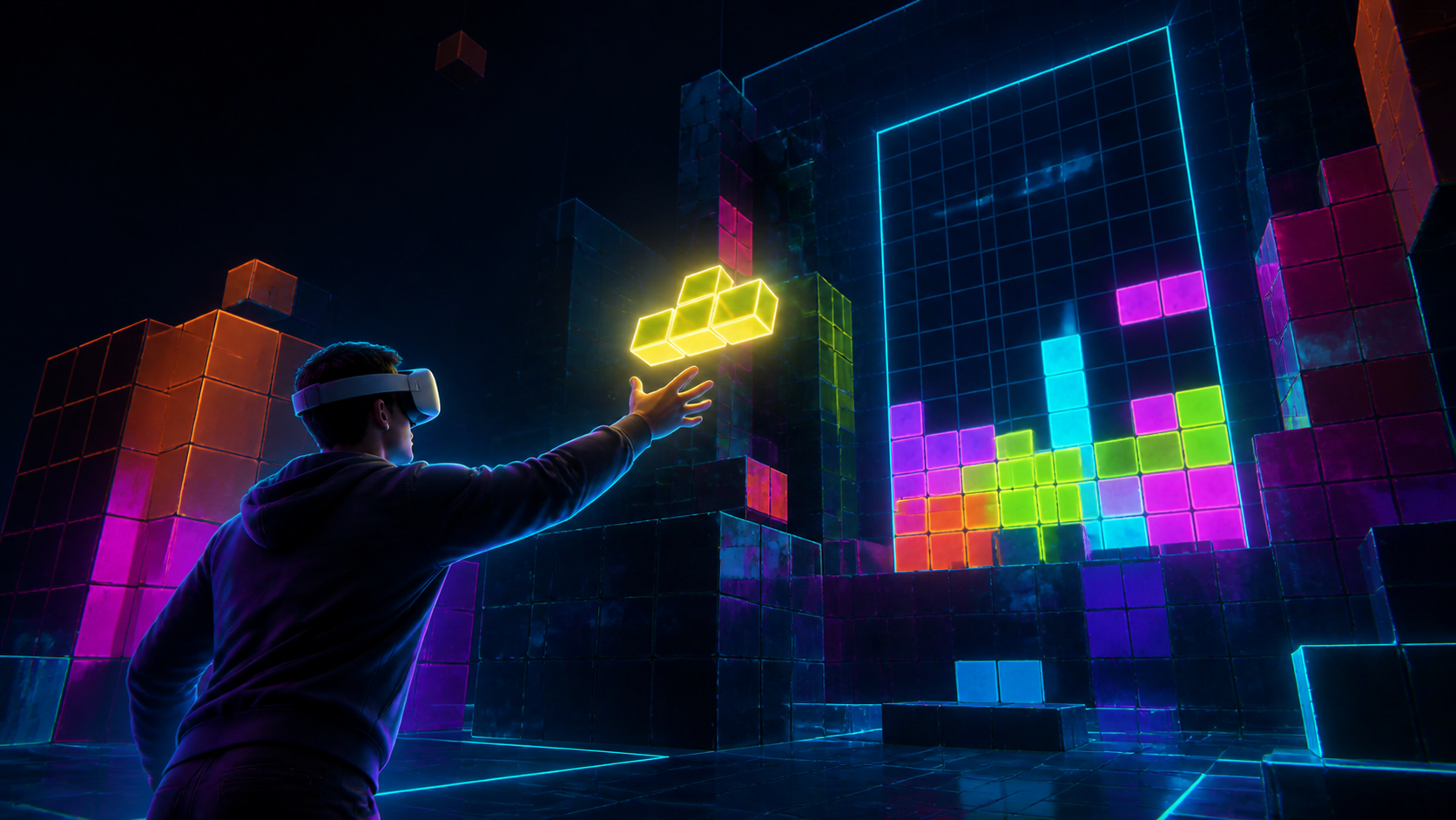 VR player reaching to catch a glowing tetromino