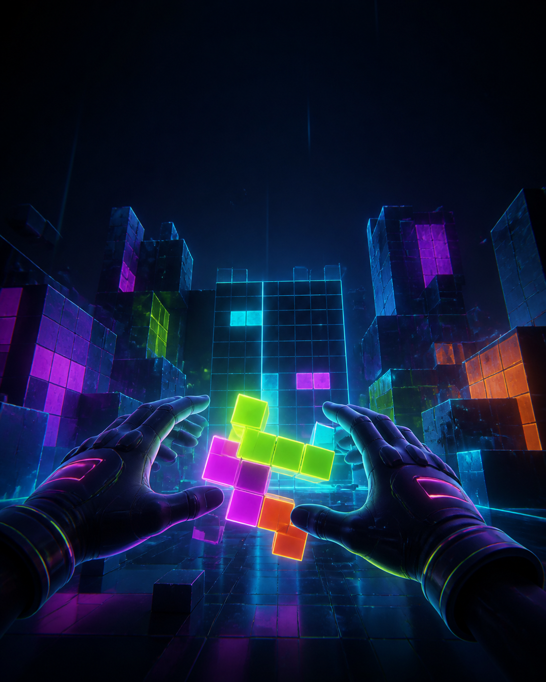 First-person hand tracking view inside the VR Tetris neon arena