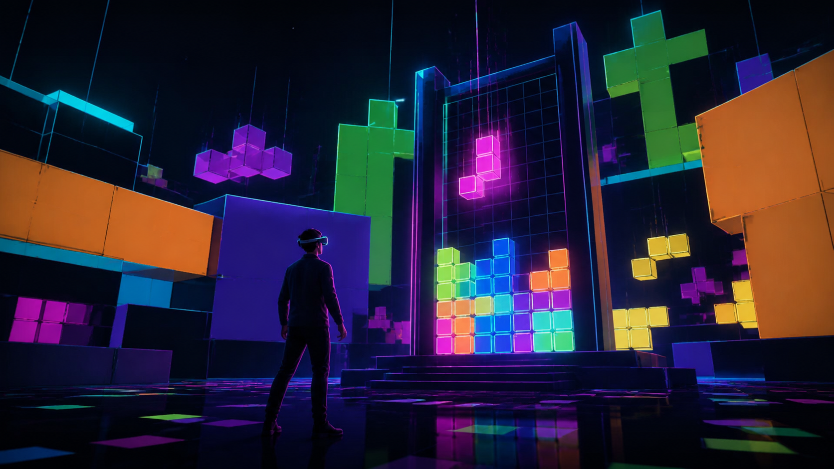 VR player facing the glowing VR Tetris board in the Neon Ruins