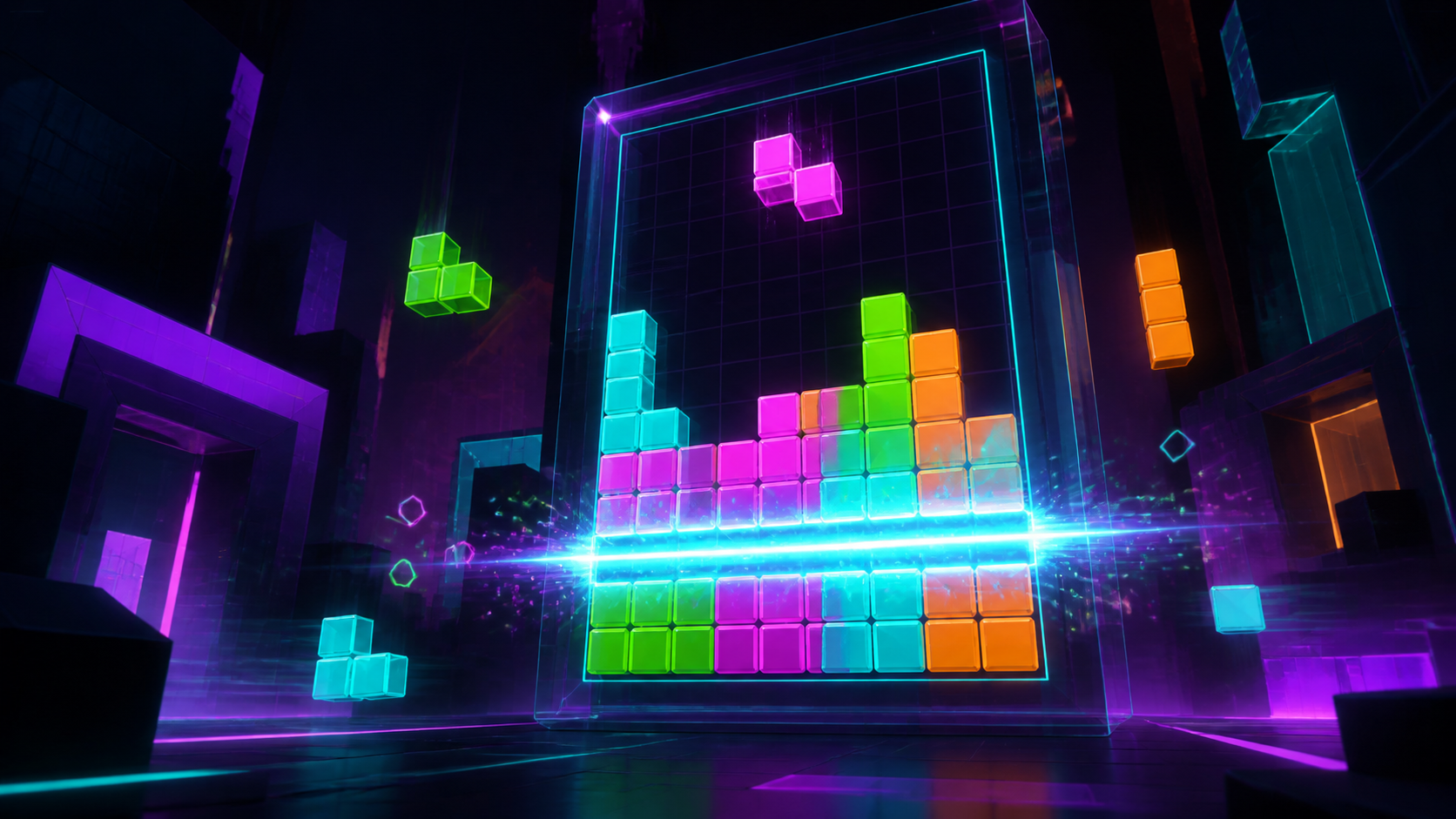 A bright completed row clearing from the VR Tetris board