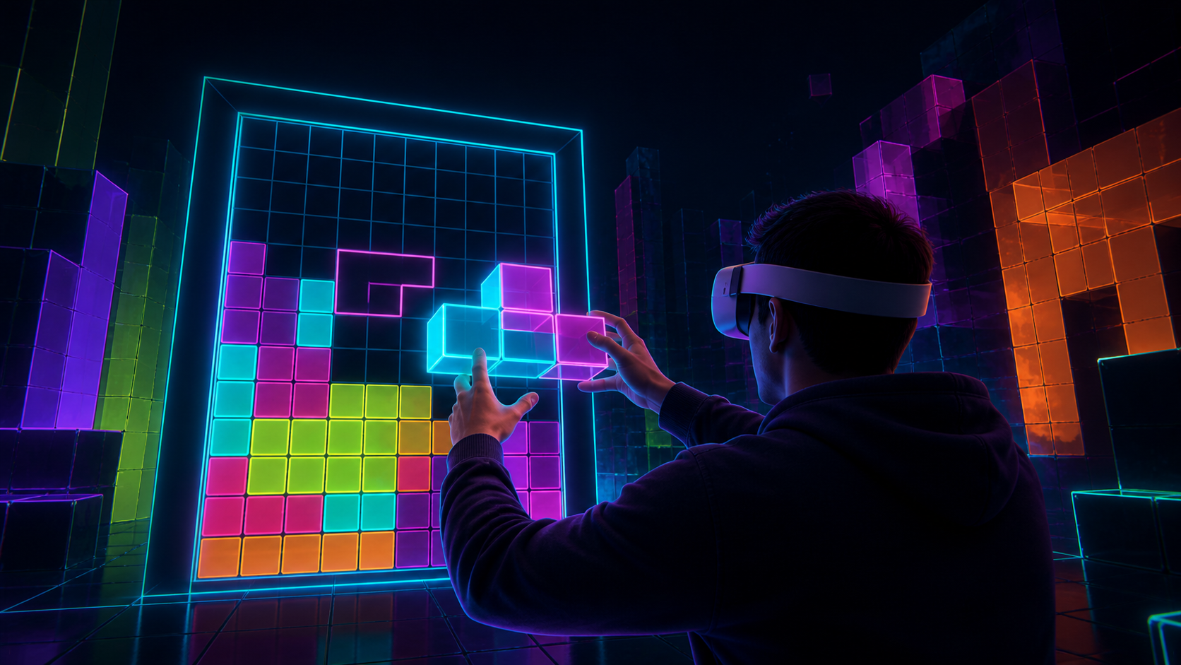 VR player aligning a glowing tetromino with the game board