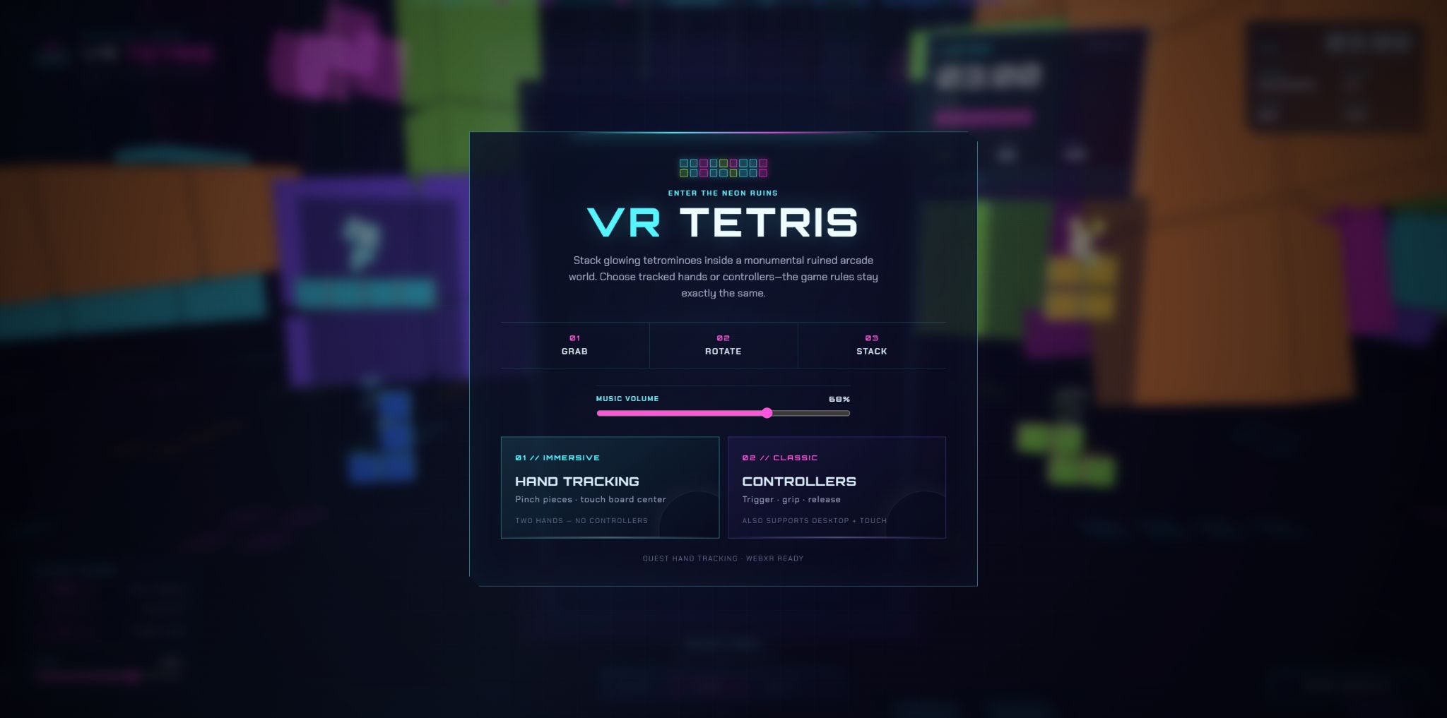 VR Tetris start screen with hand tracking and controller mode options