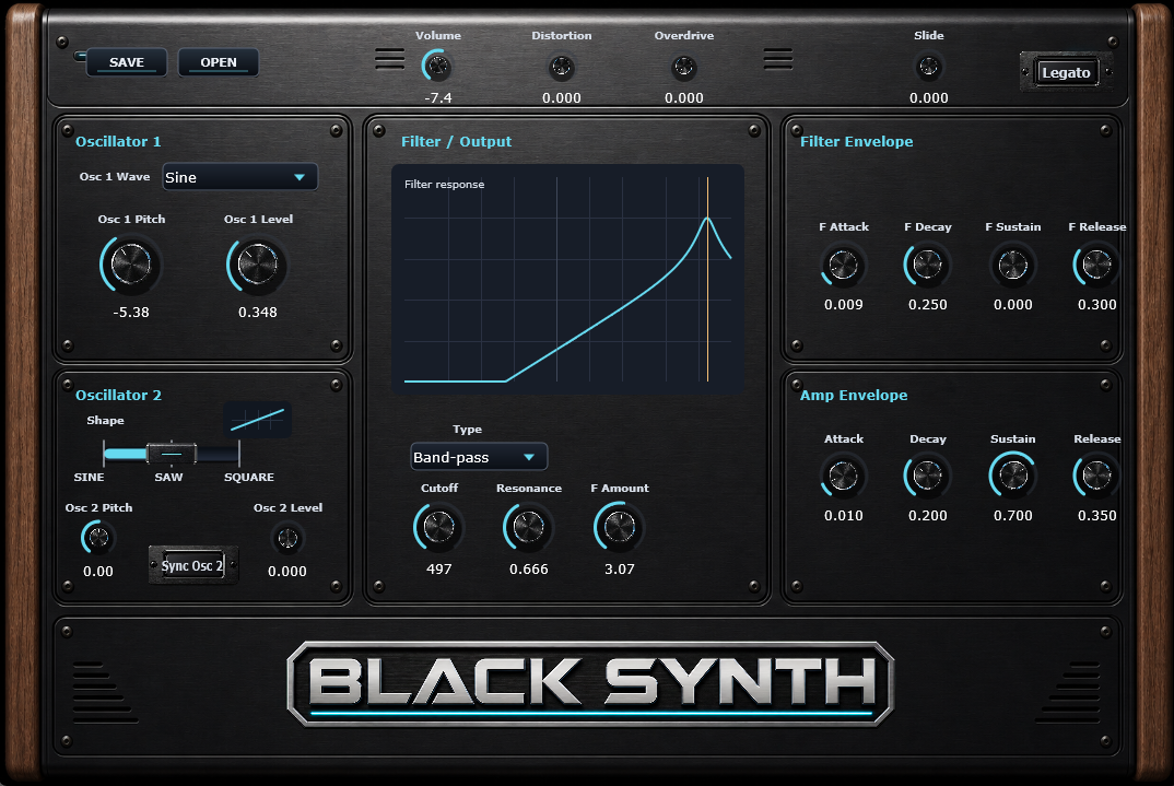 Black Synth VST3 interface with two oscillators, multimode filter and dual envelopes