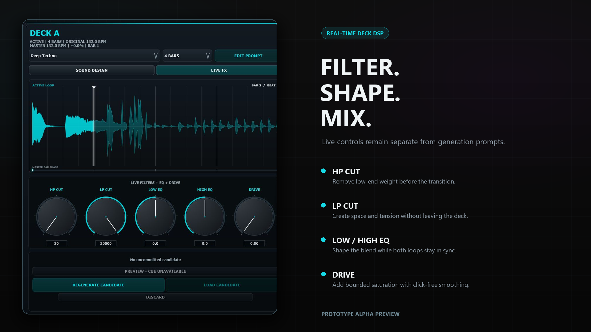 LoopForge live deck controls for filters, EQ and drive