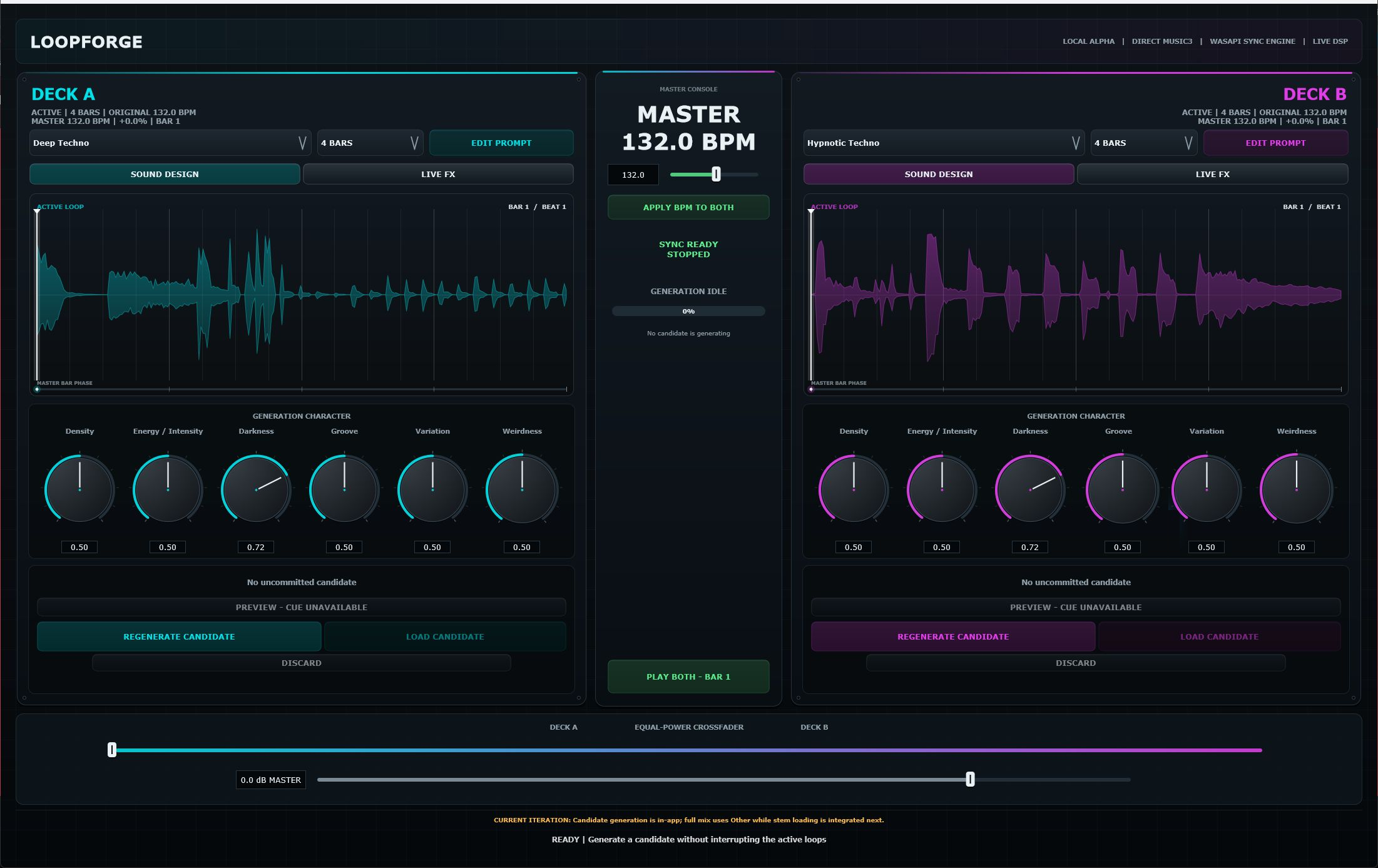 Complete LoopForge interface with two generative decks, synchronized waveforms and a central master console