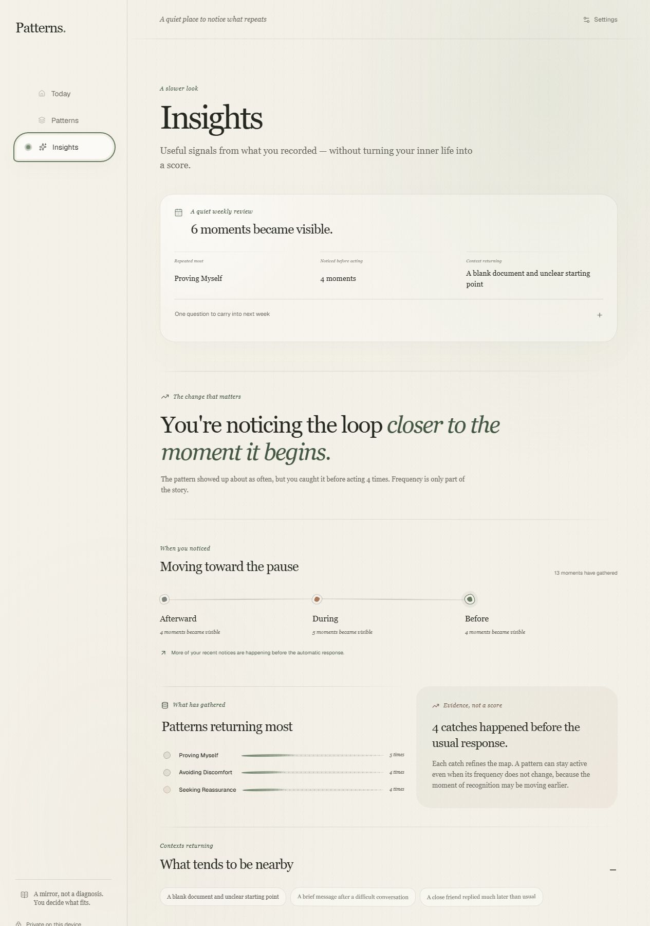Patterns Insights showing the weekly review, recognition timing and recurring contexts from example data