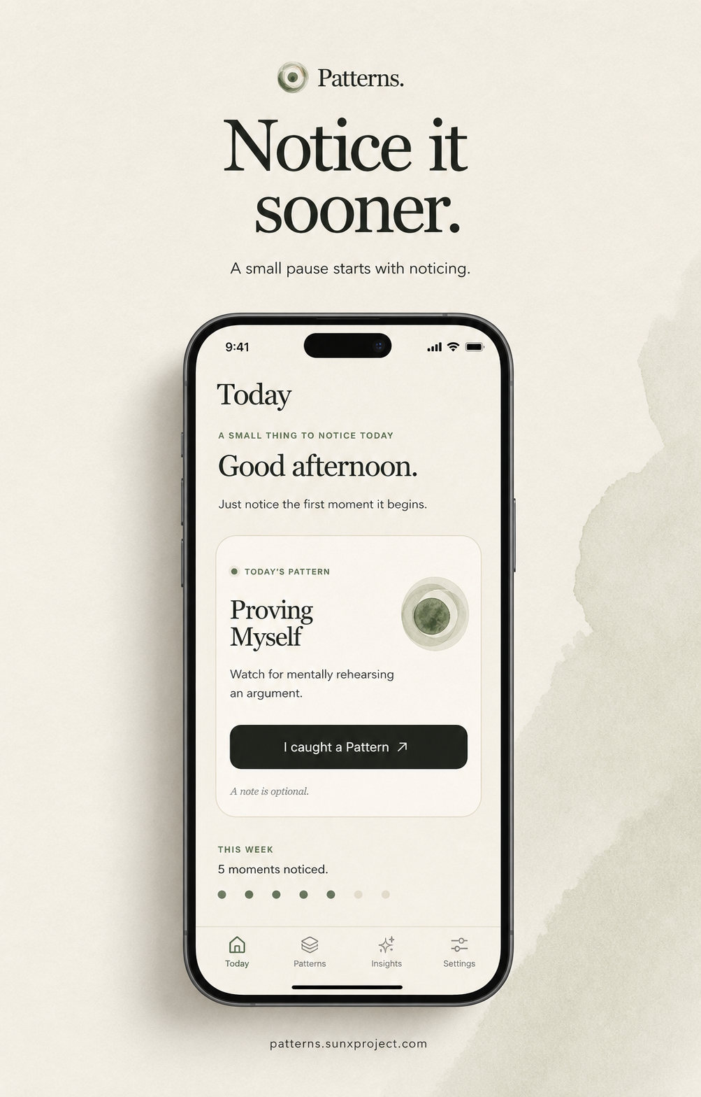 Patterns iOS Today concept presented in an AI-assisted iPhone marketing mockup