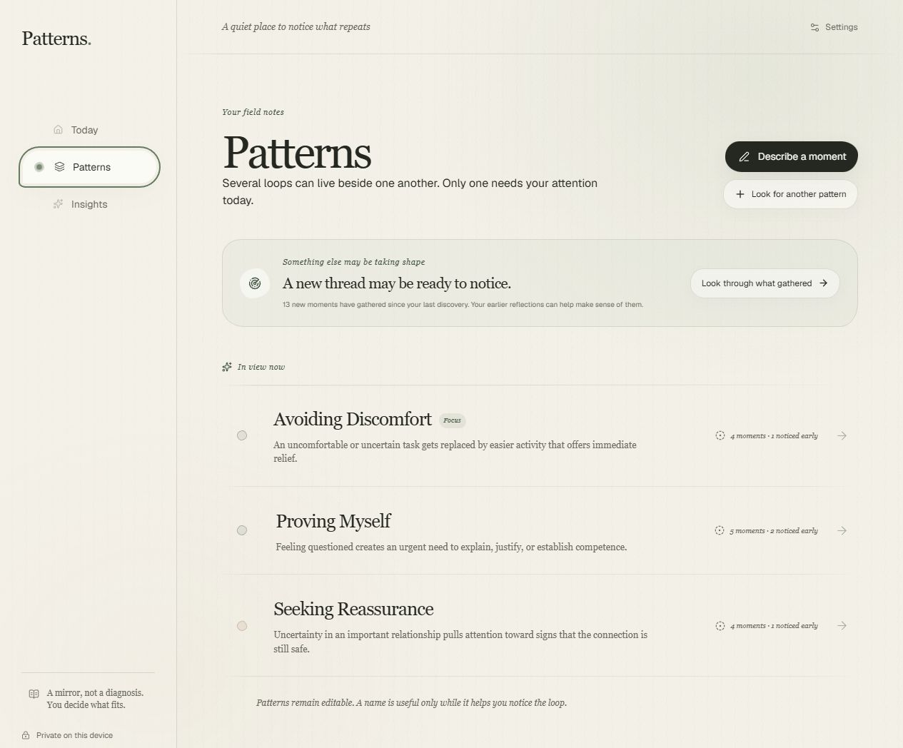 Patterns library showing editable example patterns and a discovery review
