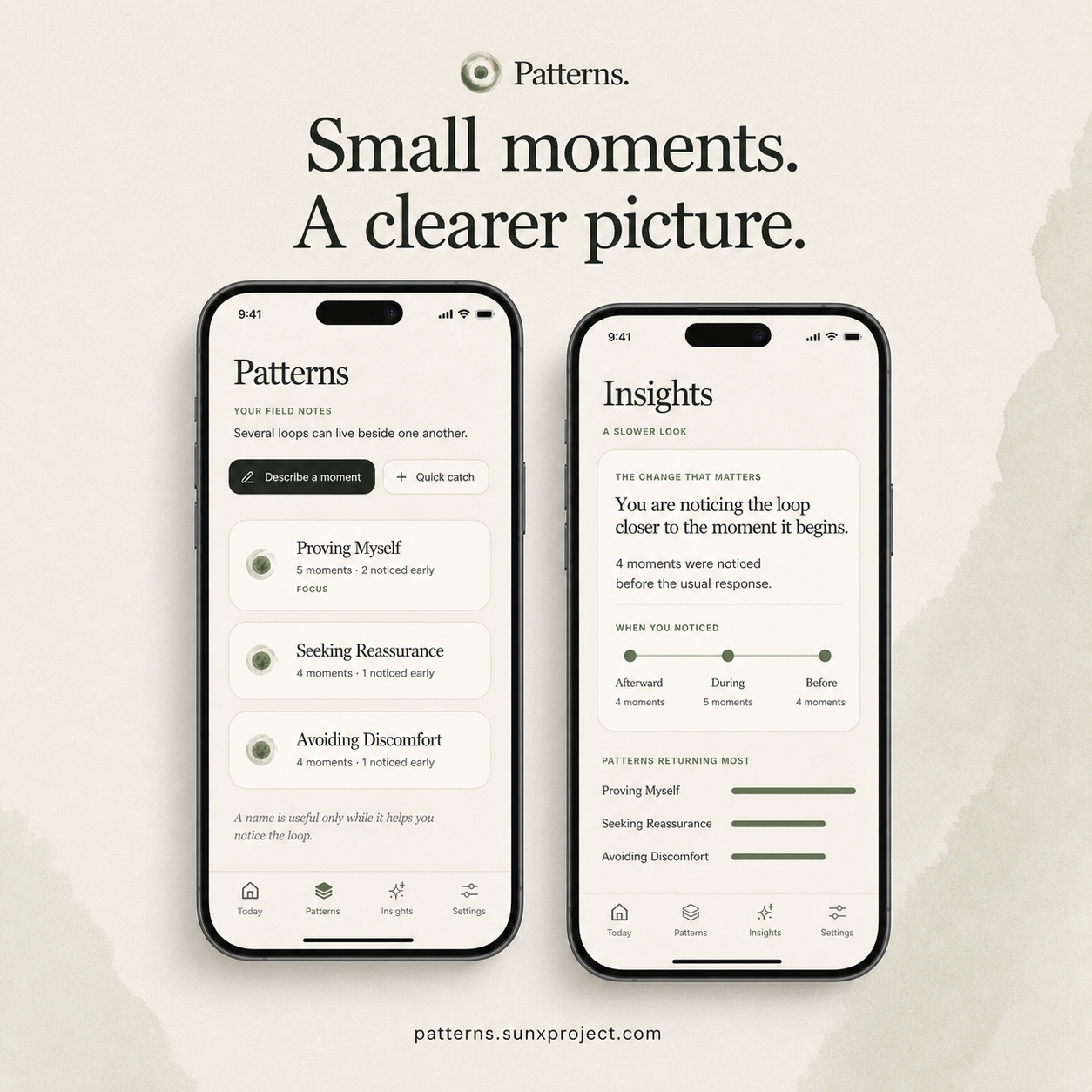 Patterns and Insights iOS screens presented in an AI-assisted two-iPhone marketing mockup