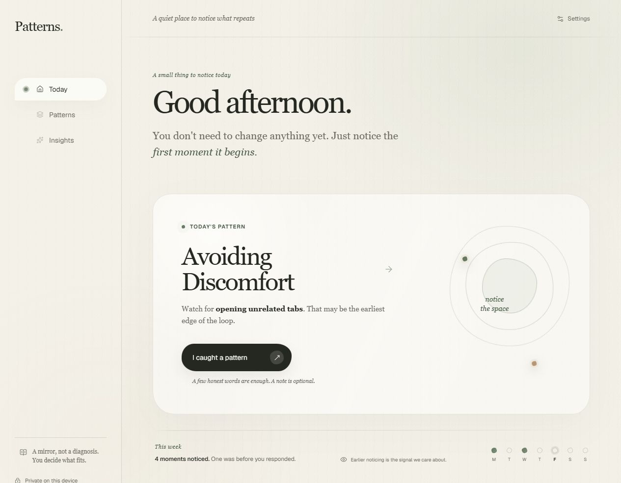 Patterns Today web app with the Avoiding Discomfort example and a quick catch action