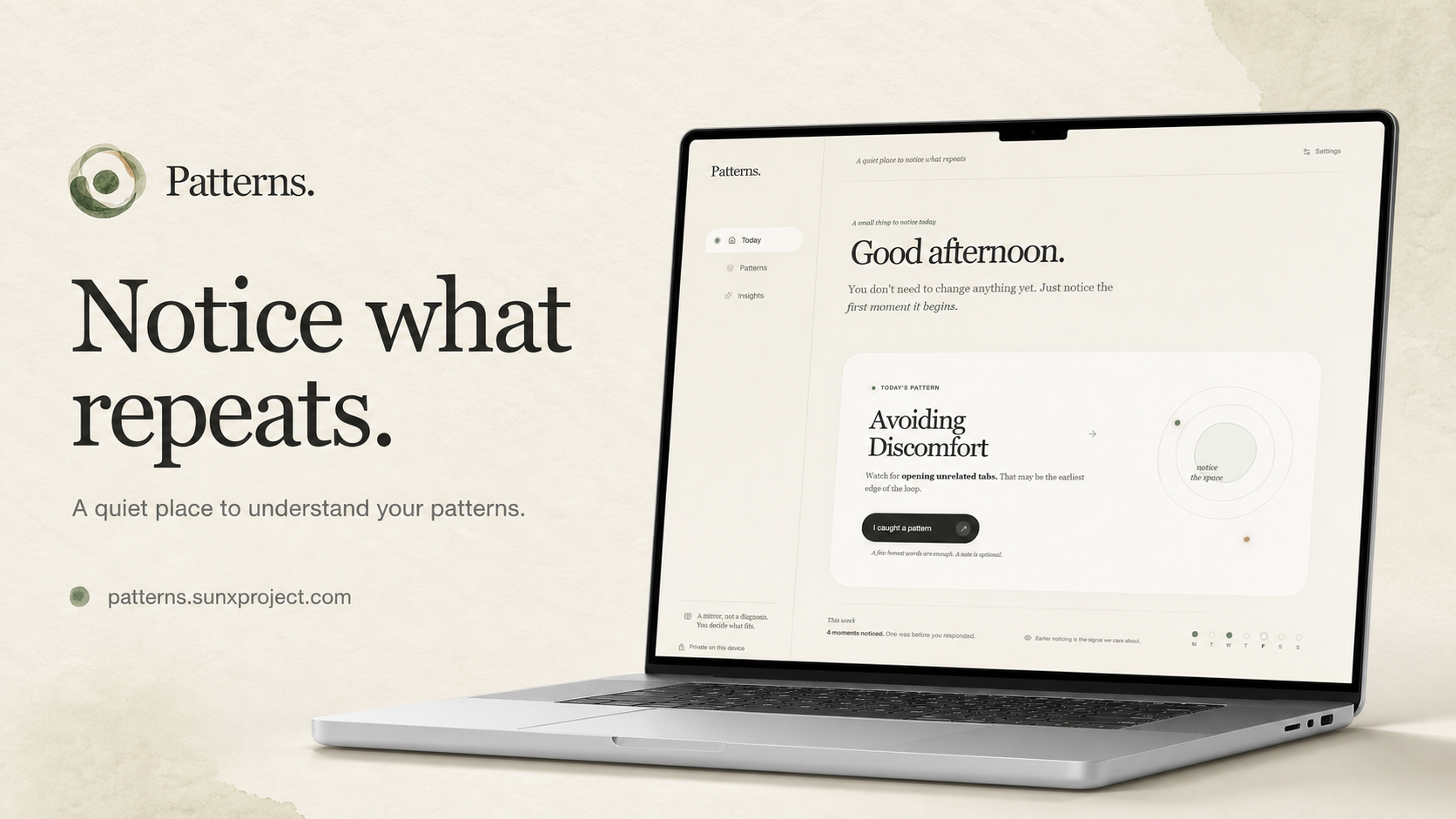 Patterns website shown in a laptop marketing mockup with the phrase Notice what repeats