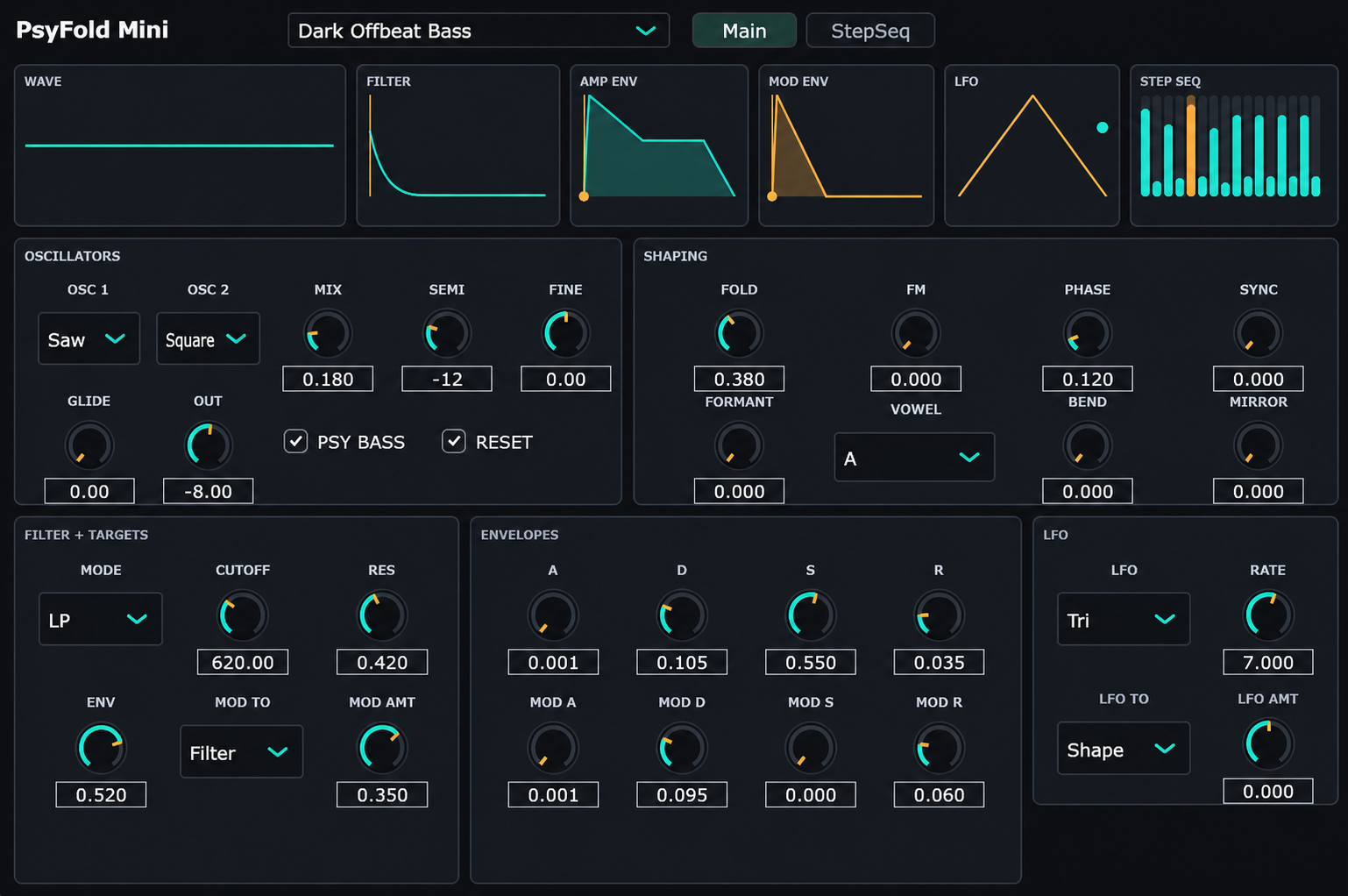 Psyfold MINI VST3 interface showing oscillators, shaping, envelopes, LFO and step sequencer