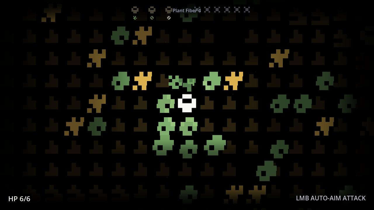 Symbolica gameplay showing the player exploring a glyph landscape and gathering plant fiber