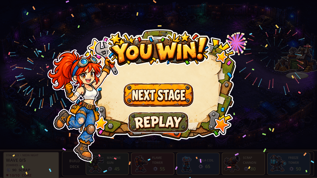 The Stickerz victory screen with fireworks, confetti and the mechanic celebrating