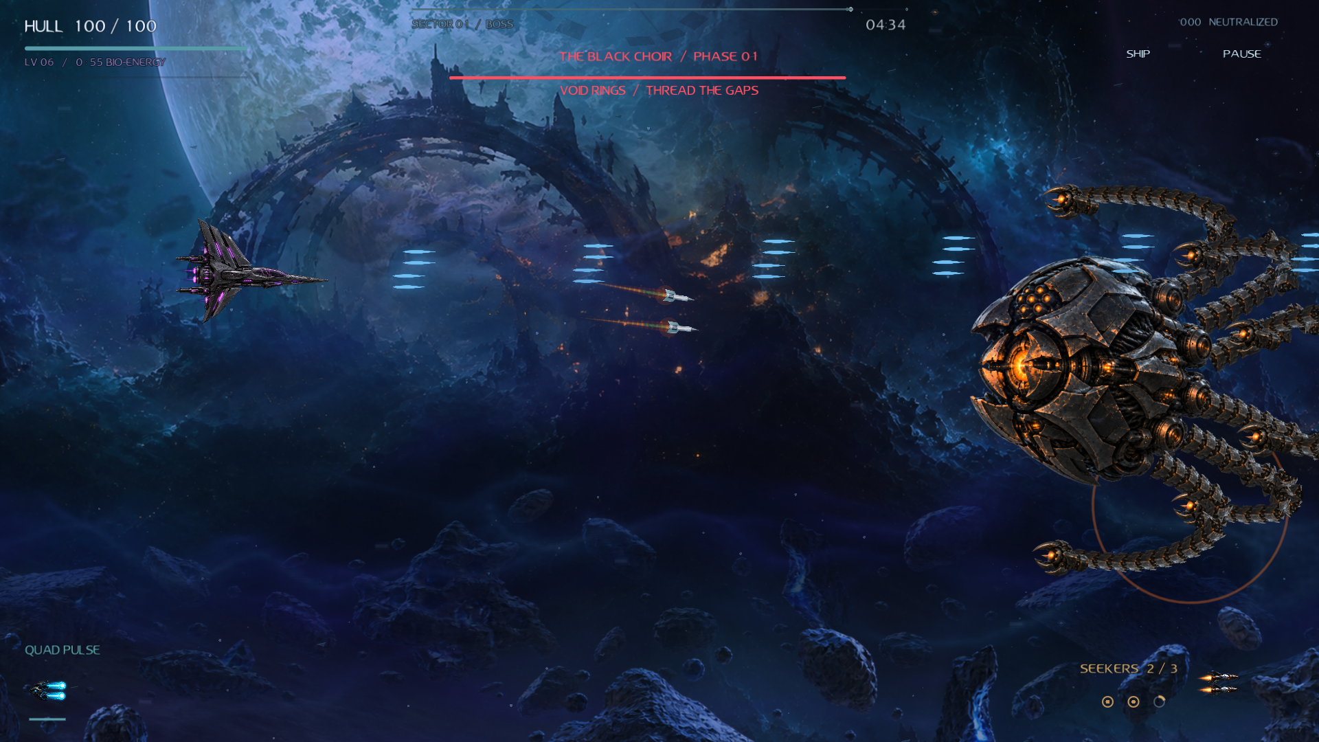 Eventide Black Choir boss encounter with six articulated mechanical arms and a visible attack warning