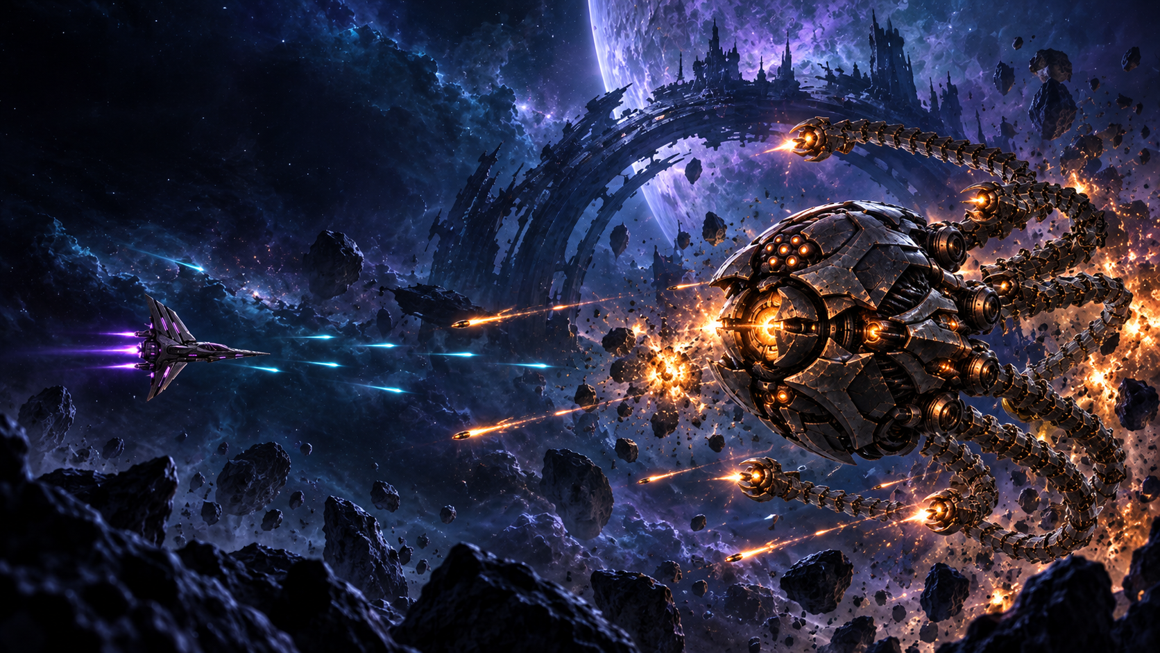 Eventide promotional concept: a small violet-lit ship faces the vast mechanical Black Choir beneath a shattered orbital ring