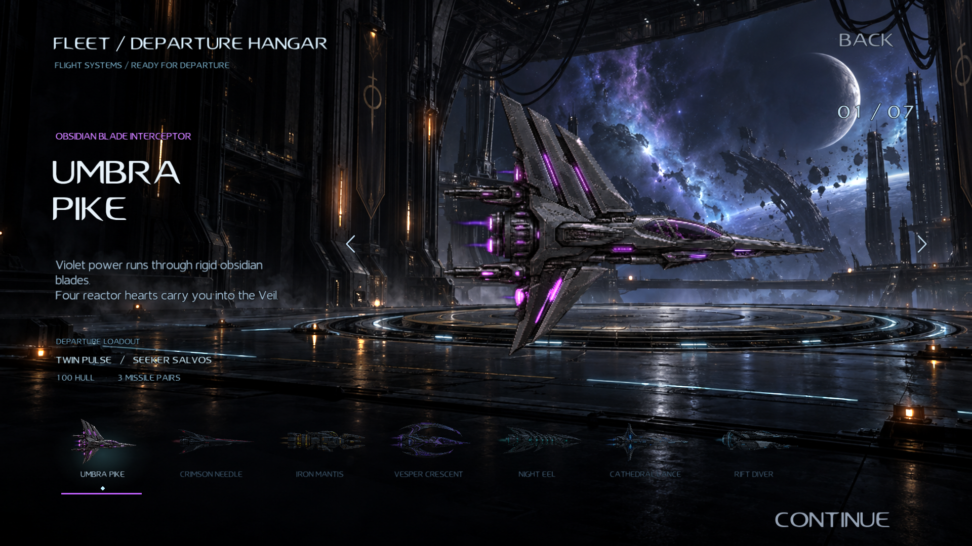 Eventide departure hangar showing the Umbra Pike and the seven selectable player ships